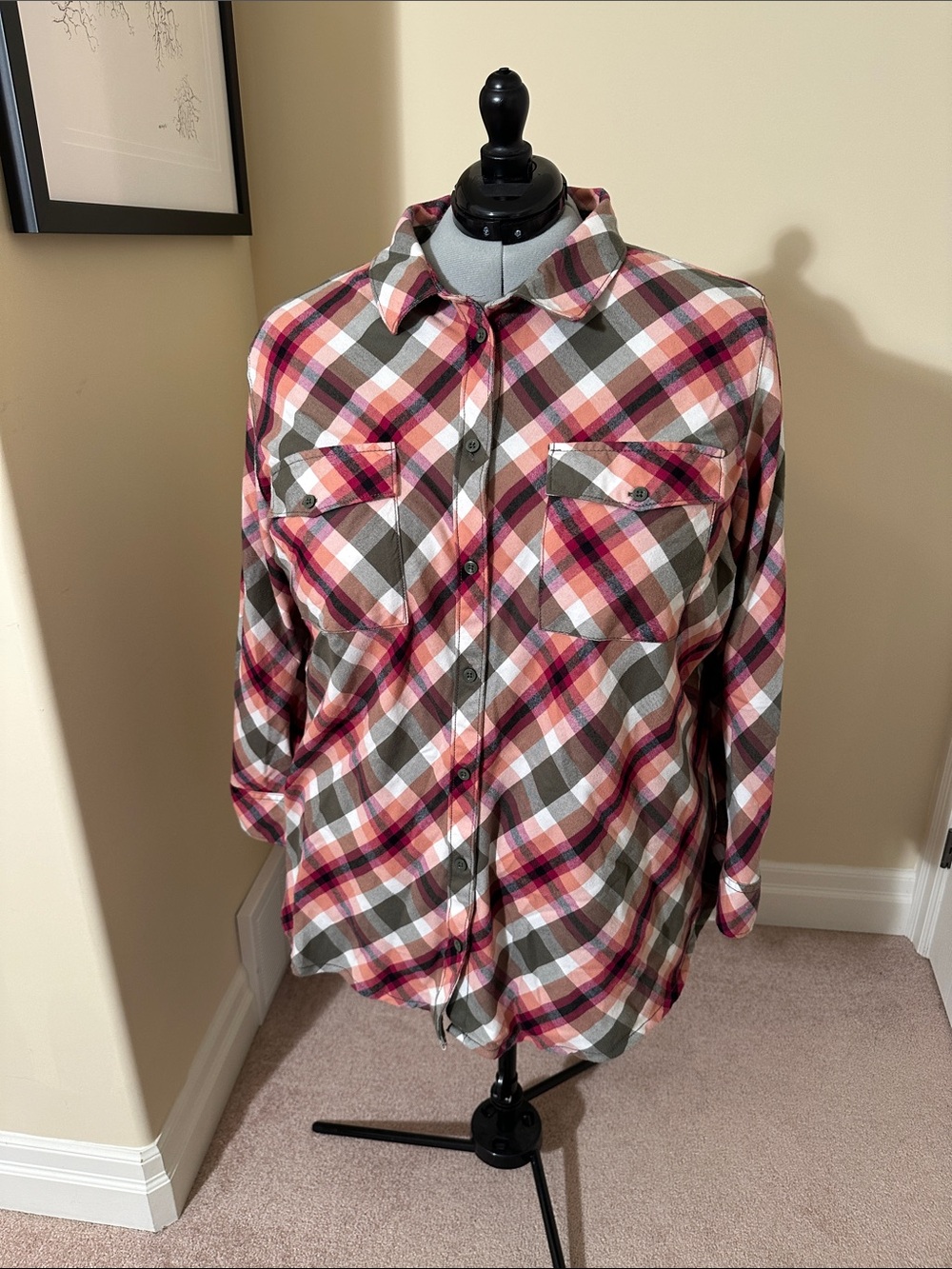 Women's Pink and Olive Plaid Button-Down Shirt - Casual Long Sleeve